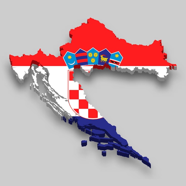 Mapa isométrico 3d de croacia con bandera nacional.