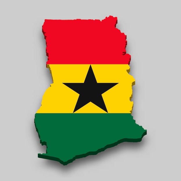 Mapa isométrico 3D de Ghana con bandera nacional.