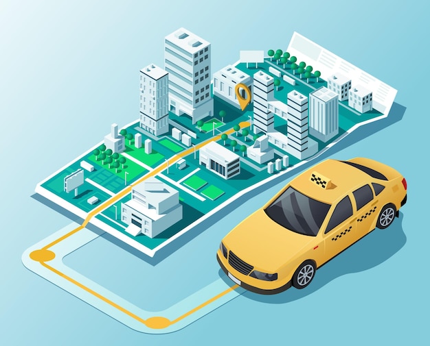 Mapa isométrico de la ciudad con ruta para el servicio de taxi Sistema de seguimiento web para la entrega en la ciudad Taxi amarillo en coche hasta el punto en el paisaje urbano Solicite en línea un transporte en taxi Ilustración vectorial