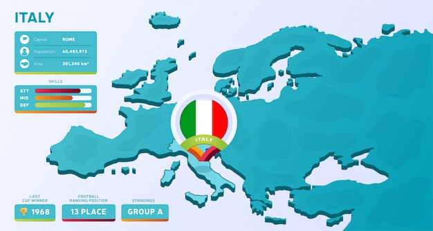 Vector mapa isométrico de europa con el país resaltado italia