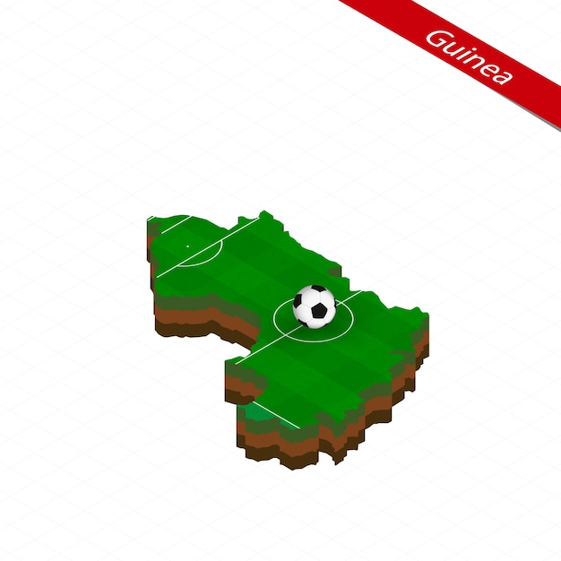 Mapa isométrico de Guinea con campo de fútbol. Balón de fútbol en el centro del campo de fútbol. Ilustración de fútbol vectorial.
