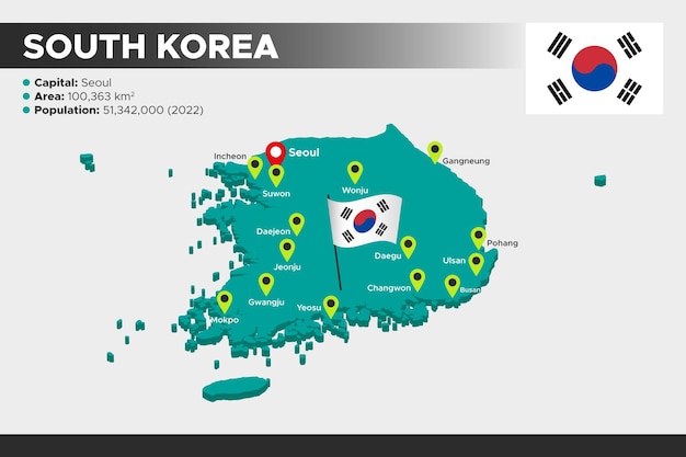 Mapa isométrico de ilustración 3d de Corea del Sur Población del área de las ciudades capitales de la bandera y mapa de Corea del Sur