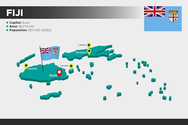 Mapa isométrico de ilustración 3d de Fiyi Bandera de la población del área de las ciudades capitales y mapa de Fiyi