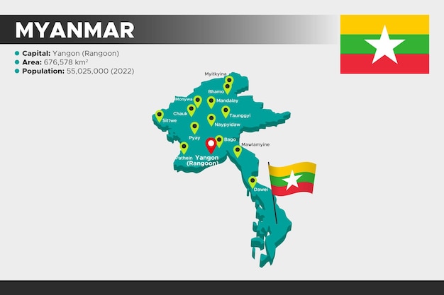 Mapa isométrico de ilustración 3d de Myanmar Bandera de la población del área de las ciudades capitales y mapa de Myanmar