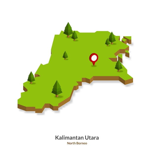 Mapa isométrico de la provincia de Borneo del Norte Indonesia Mapa 3D simple Ilustración vectorial