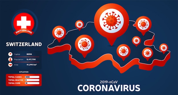 Mapa isométrico de suiza con la ilustración del país resaltada sobre fondo oscuro. estadísticas de coronavirus. peligroso virus corona ncov chino. infografía e información del país.