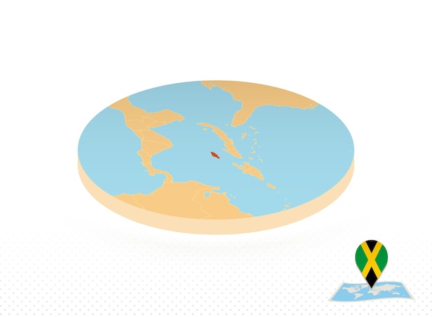 Mapa de jamaica diseñado en un mapa de círculo naranja de estilo isométrico