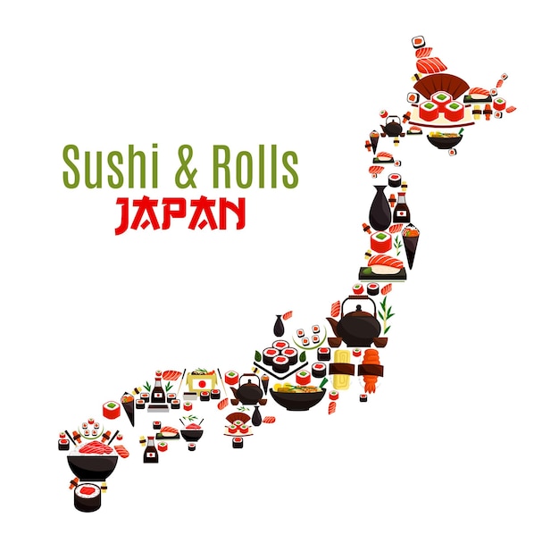 Vector mapa de japón de sashimi y rollos de sushi de mariscos