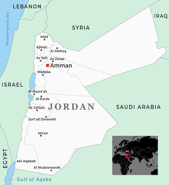 Mapa de Jordania con la capital Amman las ciudades más importantes y las fronteras nacionales