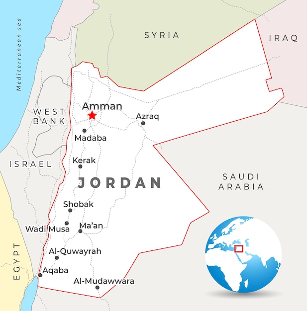 Mapa de Jordania con la capital Amman las ciudades más importantes y las fronteras nacionales