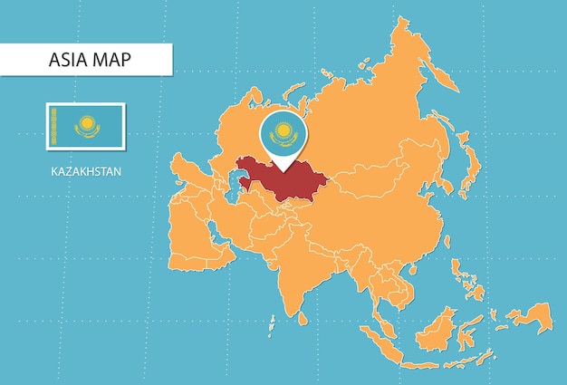 Mapa de kazajstán en asia, iconos que muestran la ubicación y las banderas de kazajstán.