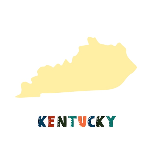 Mapa de Kentucky aislado. Colección USA. Mapa de Kentucky - silueta amarilla. Letras de estilo garabatos en blanco