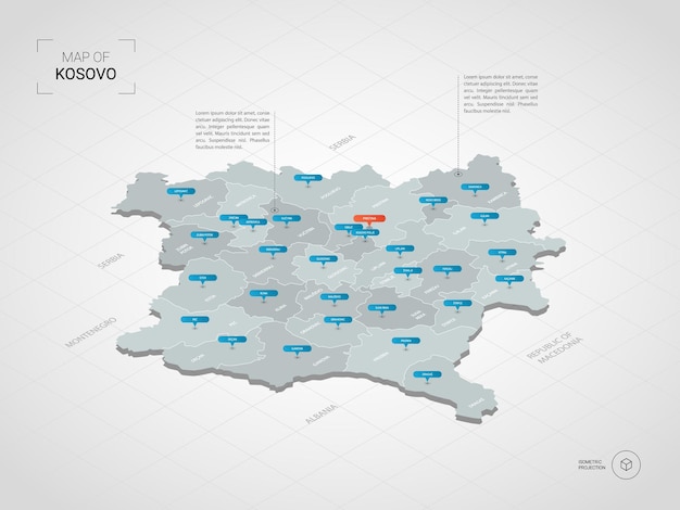 Mapa de Kosovo isométrico. Ilustración de mapa estilizado con ciudades, fronteras, capitales, divisiones administrativas y marcas de puntero; fondo degradado con rejilla.