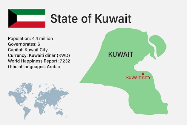 Mapa de Kuwait muy detallado con capital de bandera y pequeño mapa del mundo