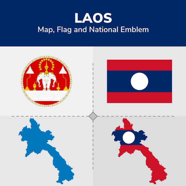 Mapa de Laos, bandera y emblema nacional