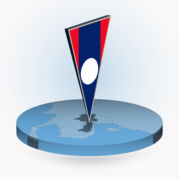 Mapa de Laos en estilo isométrico redondo con bandera triangular 3D de Laos