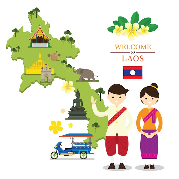 Mapa de laos y lugares de interés con personas en vestimentas tradicionales