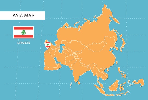 Mapa de Líbano en Asia, íconos que muestran la ubicación y banderas de Líbano.