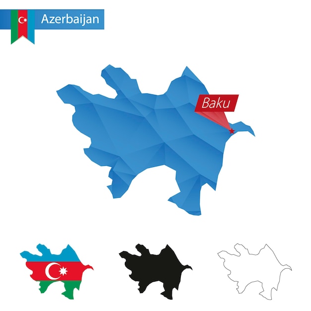 Mapa Low Poly azul de Azerbaiyán con capital Bakú