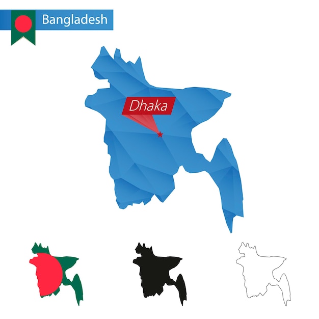 Mapa de low poly azul de bangladesh con capital dhaka