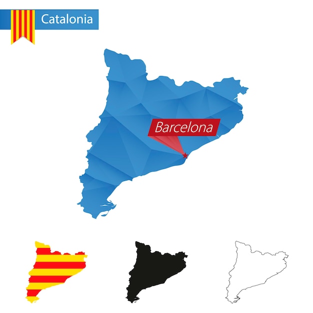 Vector mapa low poly azul de cataluña con capital barcelona