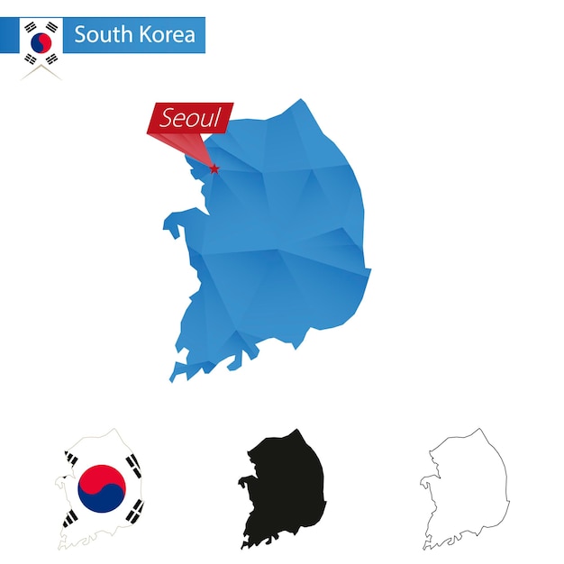 Vector mapa low poly azul de corea del sur con capital seúl