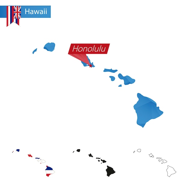 Vector mapa low poly azul del estado de hawái con capital honolulu