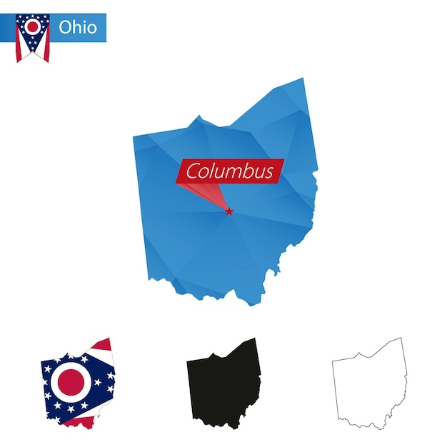 Mapa low poly azul del estado de ohio con capital columbus