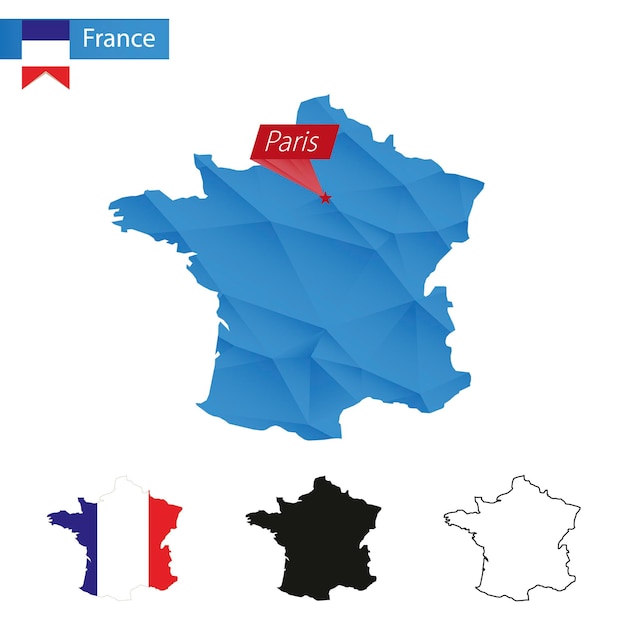 Vector mapa low poly azul de francia con capital parís