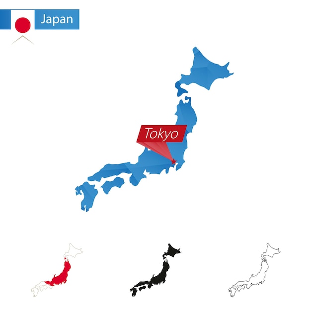 Mapa Low Poly azul de Japón con capital Tokio