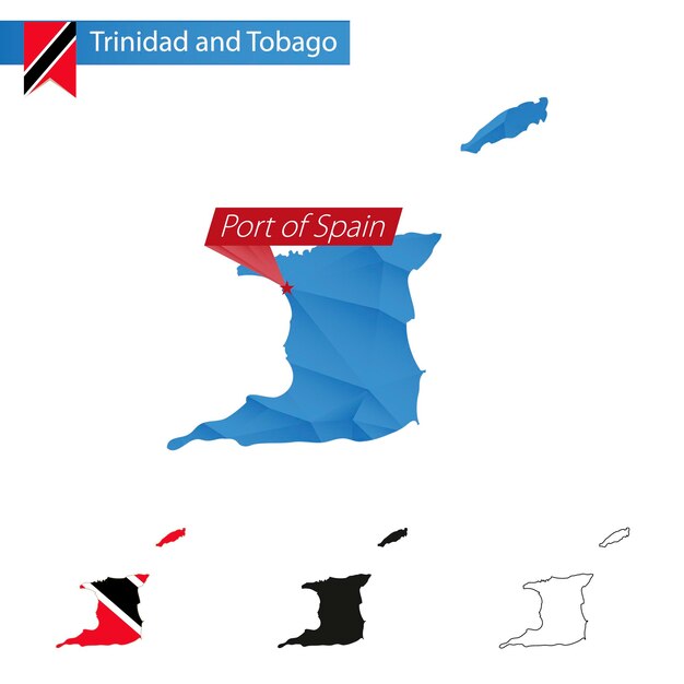 Mapa Low Poly azul de Trinidad y Tobago con capital Puerto España