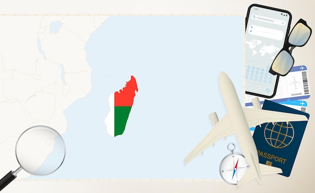 Mapa de Madagascar y avión de carga de bandera en el mapa detallado de Madagascar con bandera