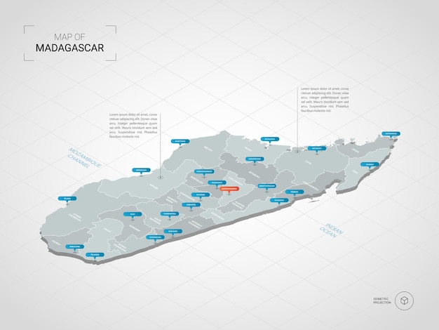 Mapa de madagascar isométrico. ilustración de mapa estilizado con ciudades, fronteras, capitales, divisiones administrativas y marcas de puntero; fondo degradado con rejilla.