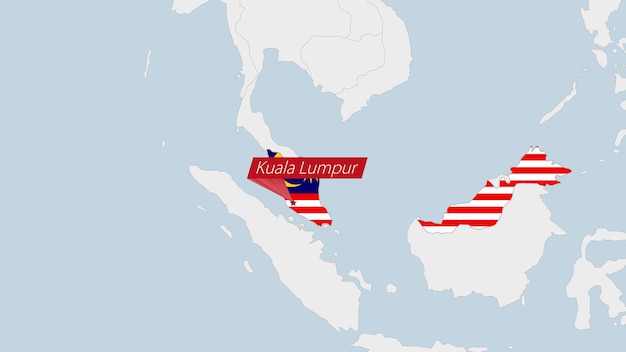 Mapa de malasia resaltado en los colores de la bandera de malasia y pin de la capital del país, kuala lumpur
