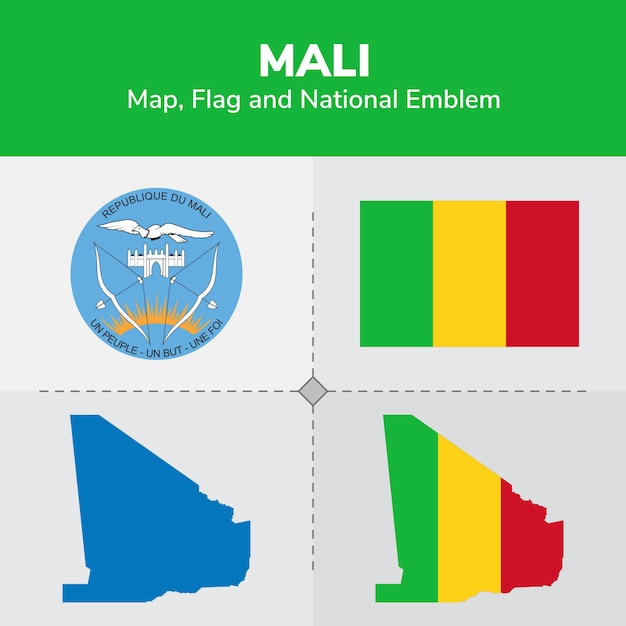 Mapa de mali, bandera y emblema nacional