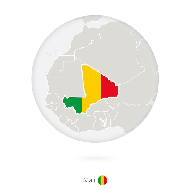 Vector mapa de malí y bandera nacional en un círculo contorno de mapa de malí con bandera ilustración vectorial