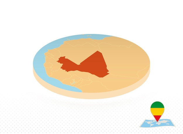Mapa de Malí diseñado en un mapa de círculo naranja de estilo isométrico