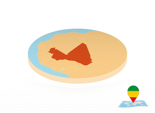 Mapa de malí diseñado en un mapa de círculo naranja de estilo isométrico