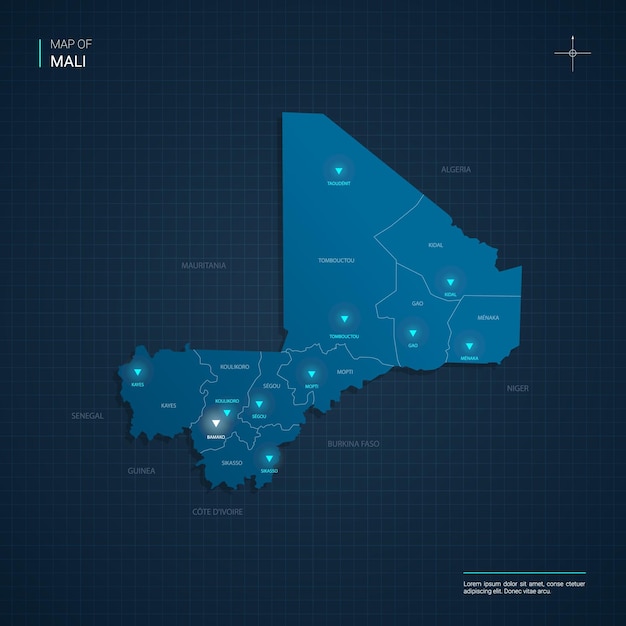 Mapa de Malí con puntos de luz de neón azul