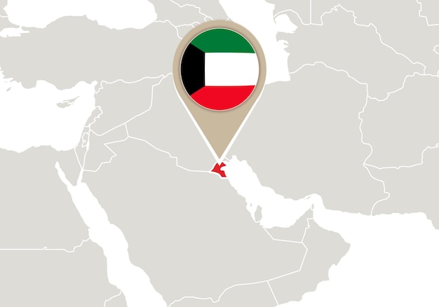 Mapa con el mapa y la bandera de kuwait resaltados