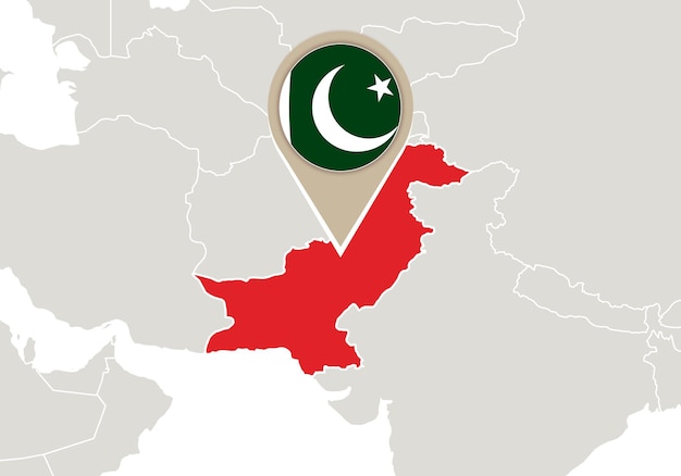 Mapa con el mapa y la bandera de Pakistán resaltados