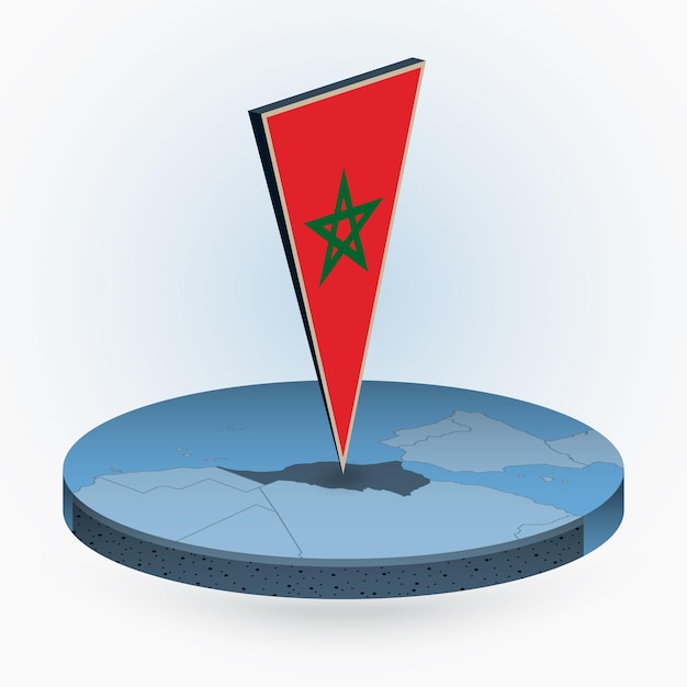 Mapa de Marruecos en estilo isométrico redondo con bandera triangular 3D de Marruecos