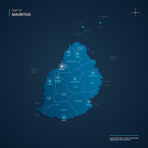 Vector mapa de mauricio con puntos de luz de neón azul