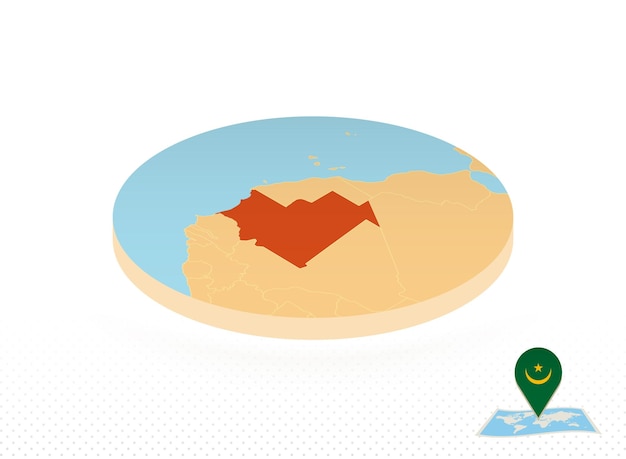 Mapa de mauritania diseñado en un mapa de círculo naranja de estilo isométrico