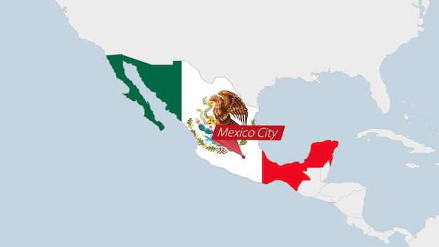 Mapa de méxico resaltado en los colores de la bandera de méxico y pin de la capital del país ciudad de méxico