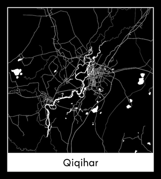 Mapa mínimo de la ciudad de Qiqihar (China, Asia)