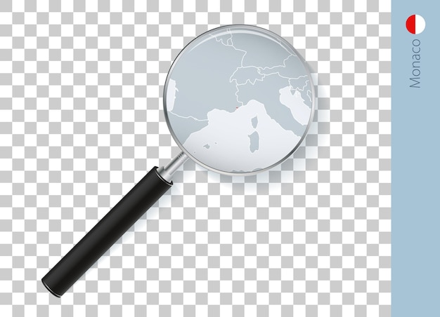 Mapa de Mónaco con bandera en lupa sobre un fondo transparente