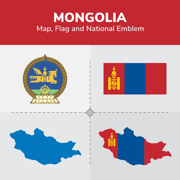 Mapa de mongolia, bandera y emblema nacional