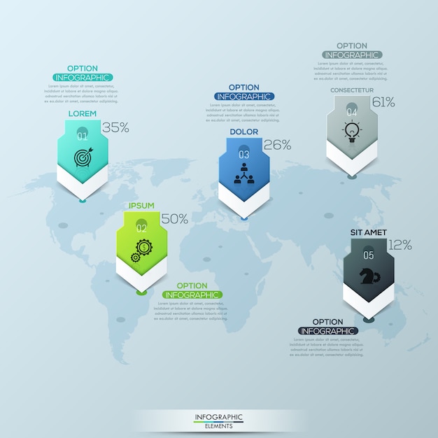 Mapa mundial y 5 marcas de ubicación con encabezados