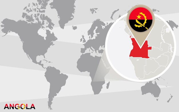 Mapa mundial con Angola ampliada. Bandera y mapa de angola.